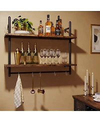 Yigii Floating Shelves Wall Mounted 31" 2-Tier Storage Rack with Towel Bar 8 Hooks