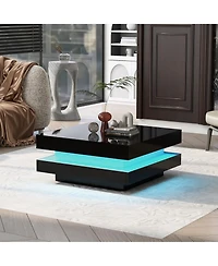 Rainsken 2-Tier Square Coffee Table, Modern High Gloss Led Center Table with Storage for Living Room and Home Office