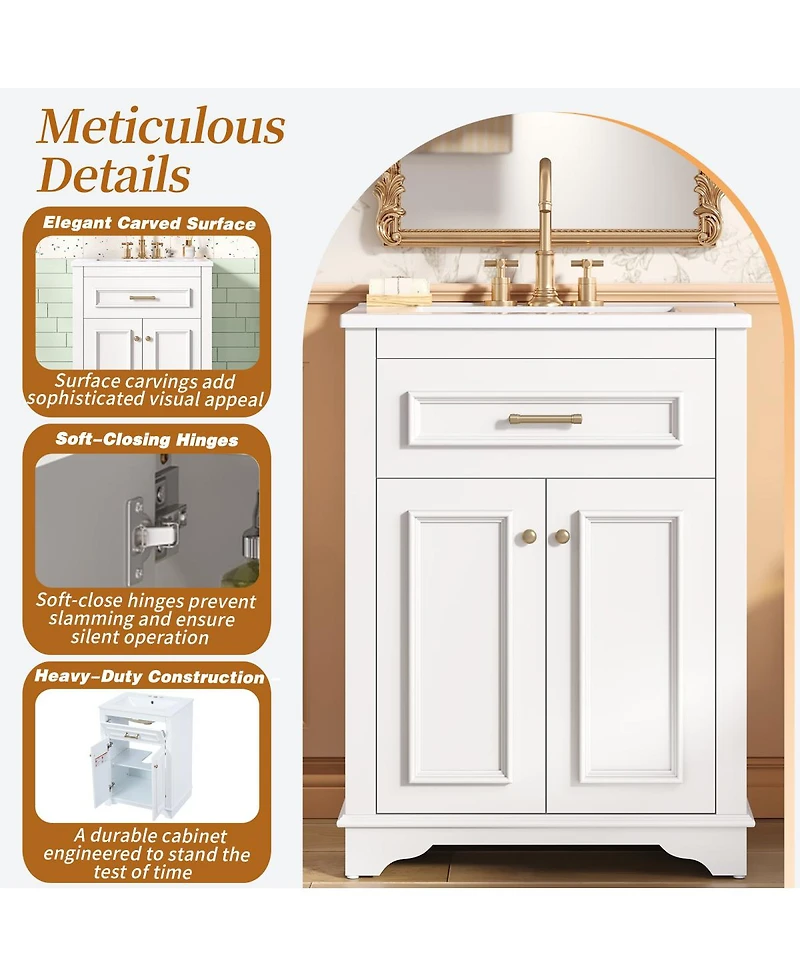 Sillysis 24" Bathroom Vanity with Ceramic Sink, Modern Freestanding Mdf Cabinet, Tip-Out Drawer Soft Close Door for Small Bathrooms