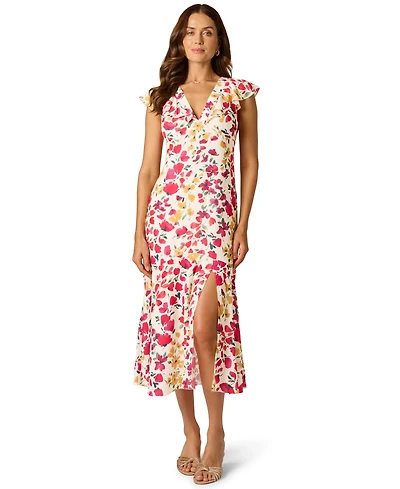 Adrianna Papell Women's Floral Print V-Neck Midi Dress