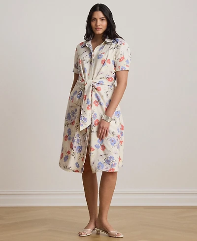 Lauren Ralph Plus Floral Tie-Front Collared Shirtdress