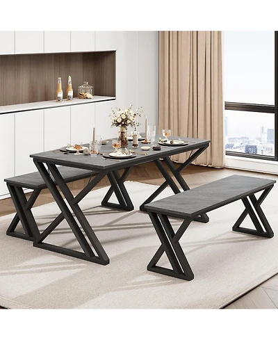 gaomon 3-Piece Rectangular Dining Table Set with X-Shaped Metal Frame and 2 Benches