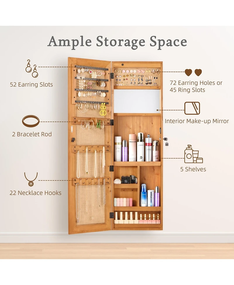 flynama Solid Wood Jewelry Armoire Organizer Cabinet with Full Length Mirror Wall Mounted Lockable with Led Light