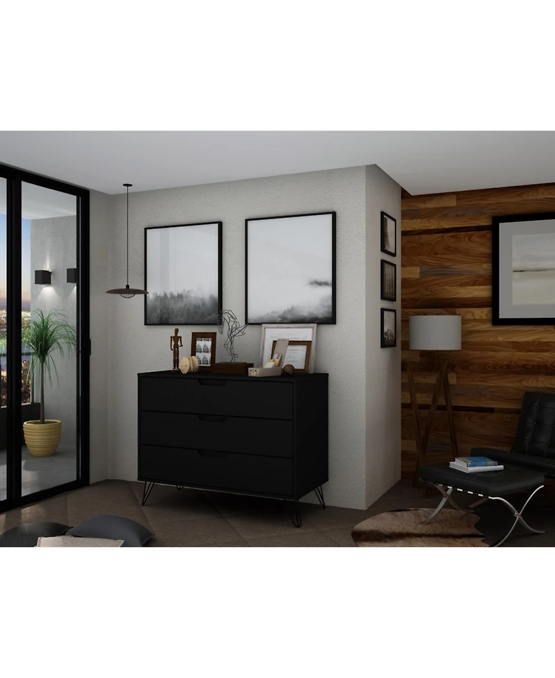 flynama Mid Century Modern 3 Drawer Dresser 35.24L 30.15H 17.52D for Bedroom with Metal Legs