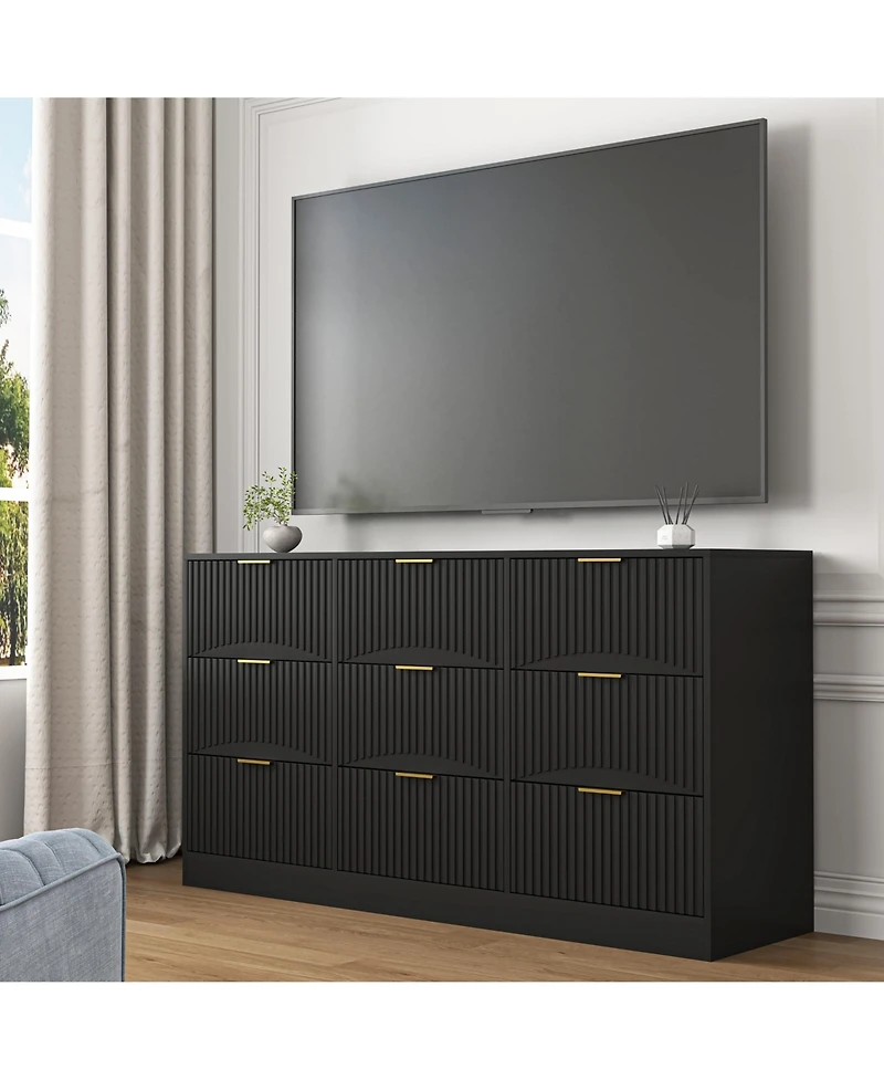 flynama Large 9 Drawer Dresser 63-Inch-Wide Wood with Gold Handles for Bedroom Storage