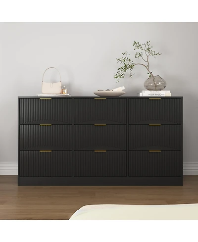 flynama Large 9 Drawer Dresser 63-Inch-Wide Wood with Gold Handles for Bedroom Storage