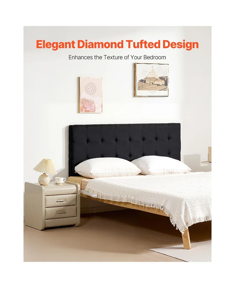 Flynama Queen Size Adjustable Height Diamond Tufted Headboard 62.2W x 42.72-54.53H x 2.76D inch