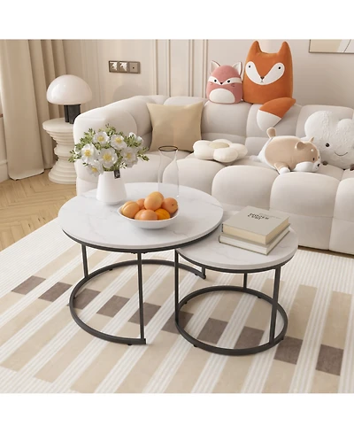 Rainsken Nesting Coffee Table Set of 2, 27.6" Round Center Table, Wood Marble Pattern Top with Sturdy Metal Frame for Living Room