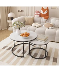 Rainsken Nesting Coffee Table Set of 2, 27.6" Round Center Table, Wood Marble Pattern Top with Sturdy Metal Frame for Living Room