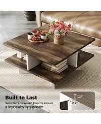 Sugift 2-Tier Square Coffee Table with 4 Storage Compartments-Walnut
