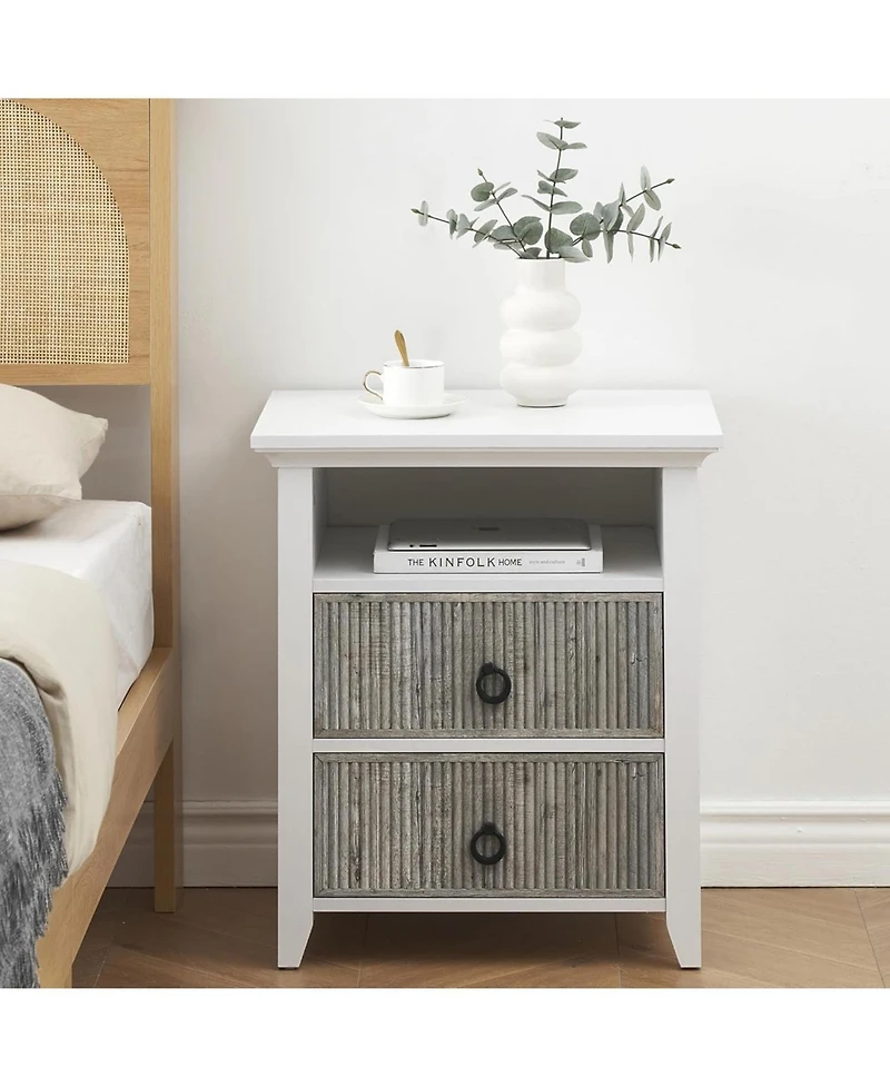 gaomon Nightstand Set of 2 Nightstand with 2 Drawers and Open Shelf Ripple Pattern Bedside Table with Fluted Design End Side Table for Bedroom