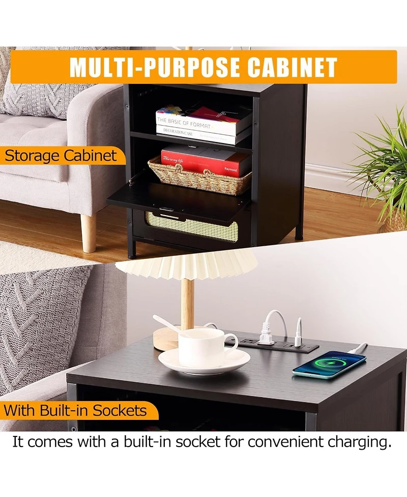 gaomon Nightstand with Led Lighting Charging End Table with 2 Usb Ports and 2 Outlets Bedroom Night Stand with 2 Rattan Decorated Drawers , Open Shelf