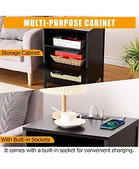 gaomon Nightstand with Led Lighting Charging End Table with 2 Usb Ports and 2 Outlets Bedroom Night Stand with 2 Rattan Decorated Drawers , Open Shelf