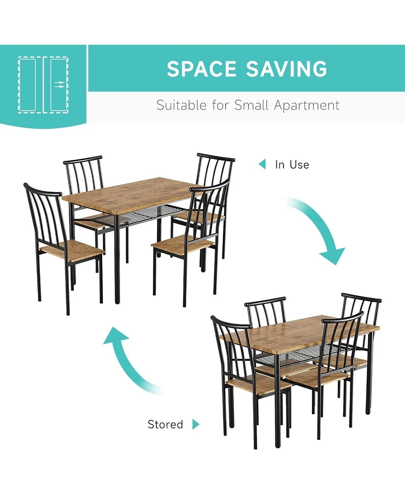 gaomon 5-Piece Rustic Wood and Metal Rectangular Dining Table Set with Storage Rack