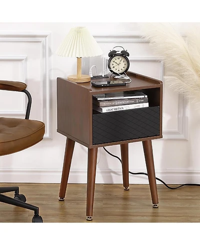 gaomon Mid Century Modern Nightstand with Charging Station, Wooden Bedside Table with Drawers, End Table Side Table with 2 Tiers Storage for Bedroom