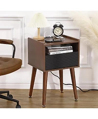 gaomon Mid Century Modern Nightstand with Charging Station, Wooden Bedside Table with Drawers, End Table Side Table with 2 Tiers Storage for Bedroom