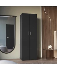 flynama Cluster 63inch Tall Wardrobe with Mirror Three Shelves Casters and Hanging Rod Bedroom Clothes Storage Cabinet Organizer