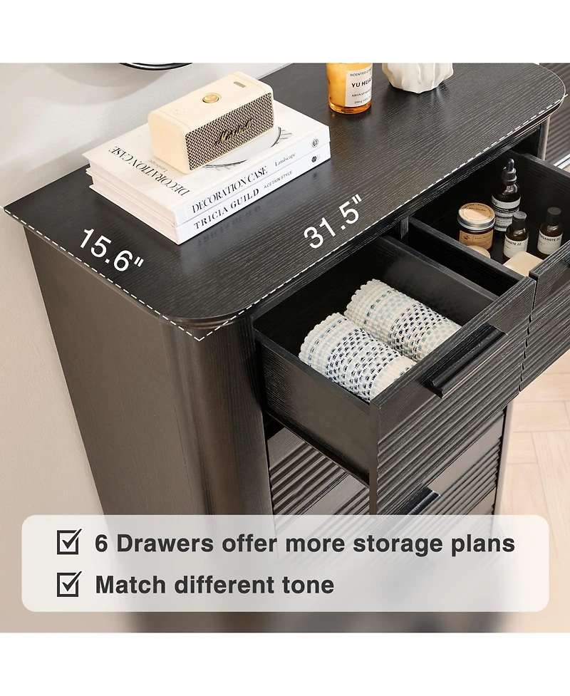 flynama 6 Drawers Dresser Modern Curved Profile Wood Fluted Storage Organizer 45 inch Tall for Bedroom Living Room Entryway
