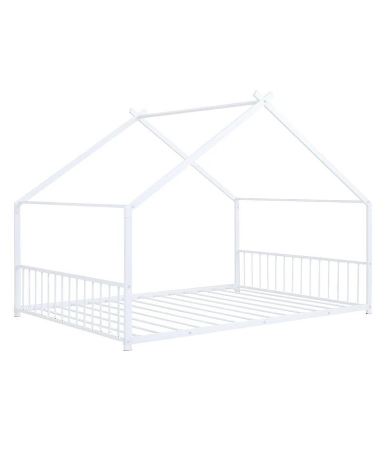 flynama White Metal House Bed with Roof Design Semi Enclosed Space and Integrated Slat Support