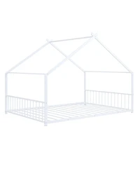 flynama White Metal House Bed with Roof Design Semi Enclosed Space and Integrated Slat Support