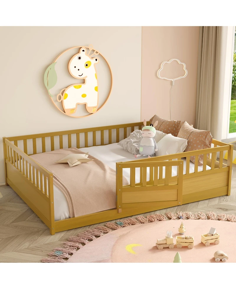 flynama Montessori Floor Bed With Support Slat High Barrier Door Natural Wood For Kids