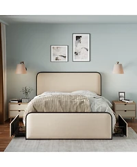 flynama Metal Bed Frame Beige Curved Upholstered Headboard 4 Storage Drawers