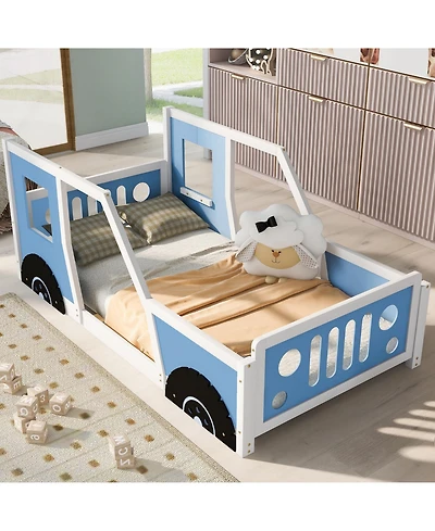 flynama Classic Car Shaped Platform Bed Wheels Pine Wood Mdf Frame