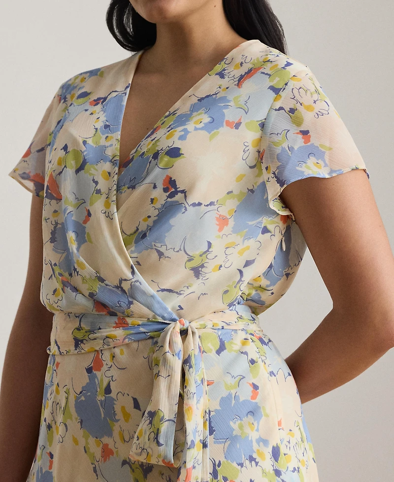 Lauren Ralph Plus Floral Crinkle Georgette Surplice Dress