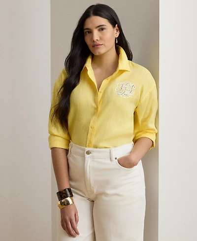 Lauren Ralph Plus Eyelet-Logo Linen Shirt