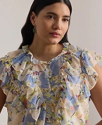 Lauren Ralph Plus Floral Ruffle-Trim Georgette Shirt