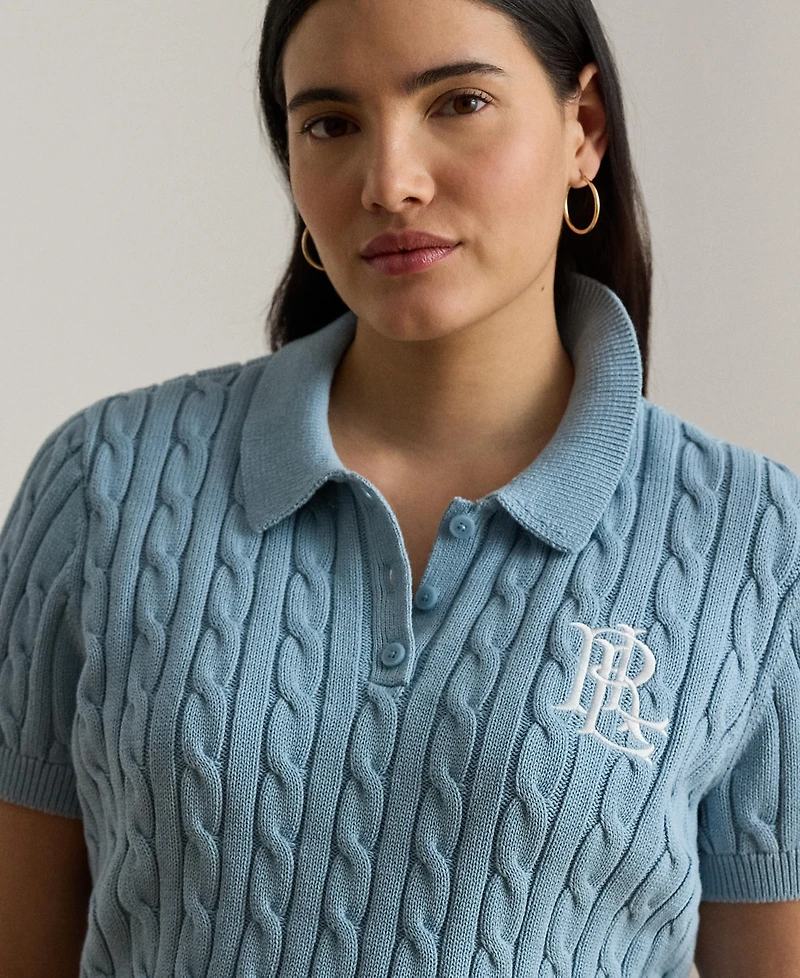 Lauren Ralph Plus Cable-Knit Cotton Polo Sweater