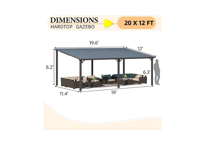 Aecojoy 20'X12' Hardtop Gazebo Outdoor Pergola Lean to Metal Pergolas