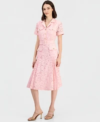 Tahari Asl Women's Belted Short-Sleeve Lace Midi Shirt Dress