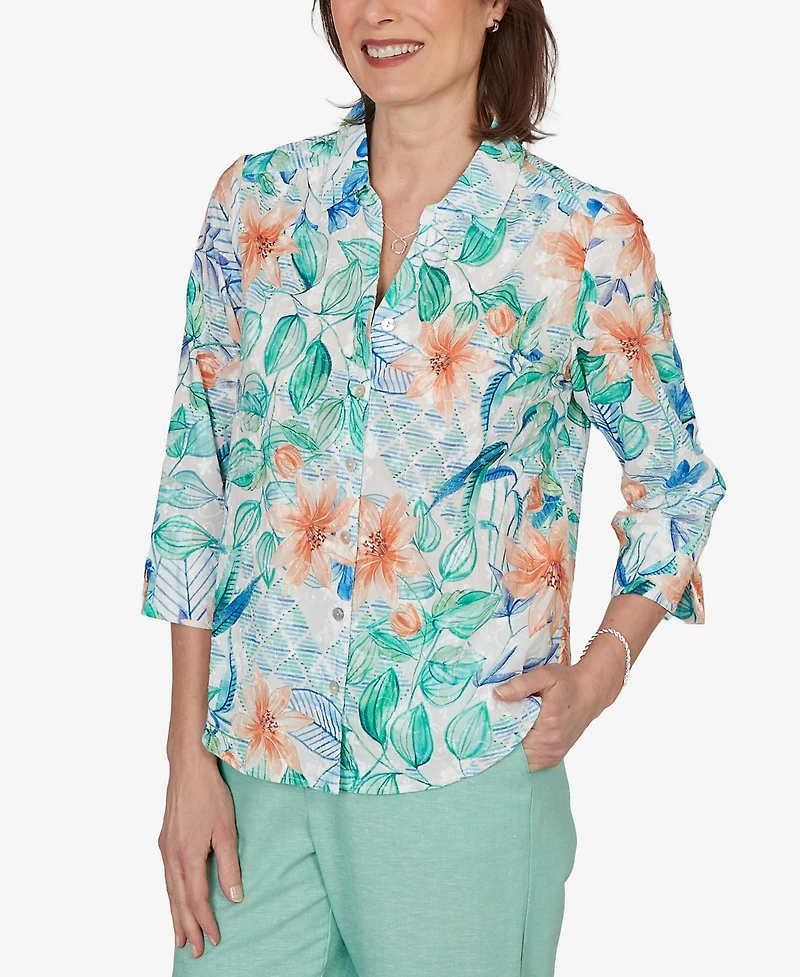 Alfred Dunner Women's Caribbean Blues Tropical Flower Eyelet Tie Sleeve Top