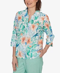 Alfred Dunner Women's Caribbean Blues Tropical Flower Eyelet Tie Sleeve Top