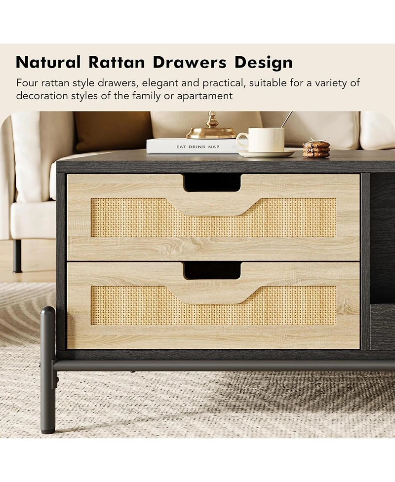 gaomon Wooden Coffee Table, Modern Farmhouse Style 394" Table with 4 Hidden Drawers and 2 Open Compartments, Room Tables with Led Mood Lighting