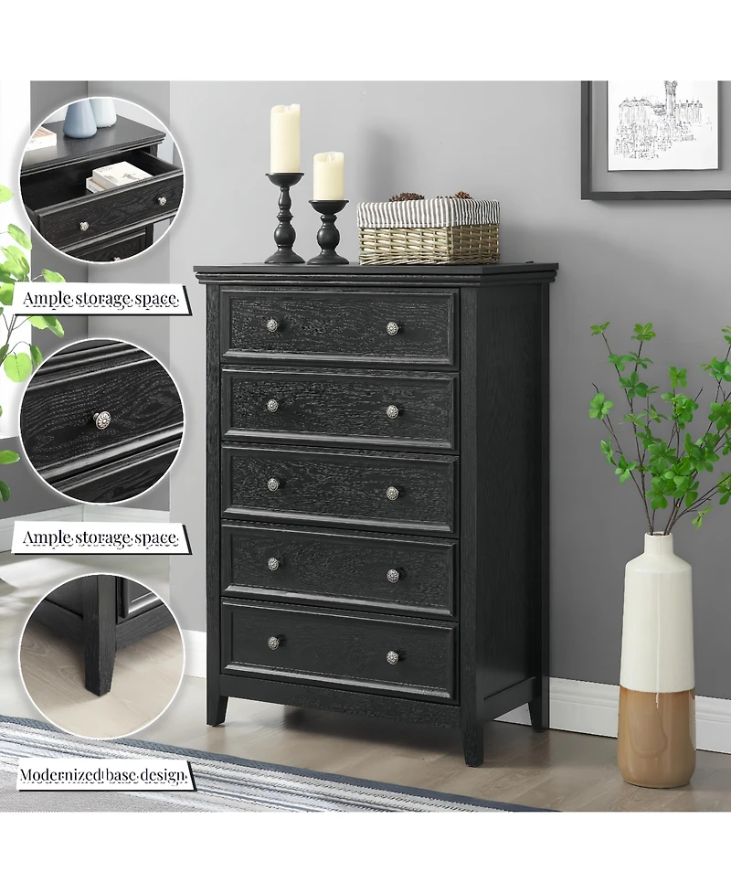 flynama Modern 5 Drawer Dresser Farmhouse Style Cabinet with Wide Slides for Living Room Bedroom Storage