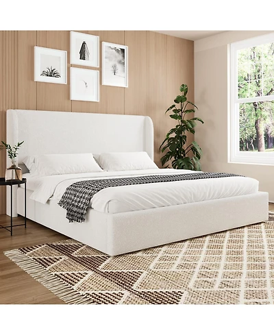 flynama Boucle Cloud Bed Frame Upholstered Headboard Solid Wood Slats No Box Spring