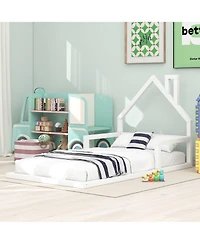 flynama Wood Floor Bed House Shaped Headboard Chimney Pine Wood Mdf