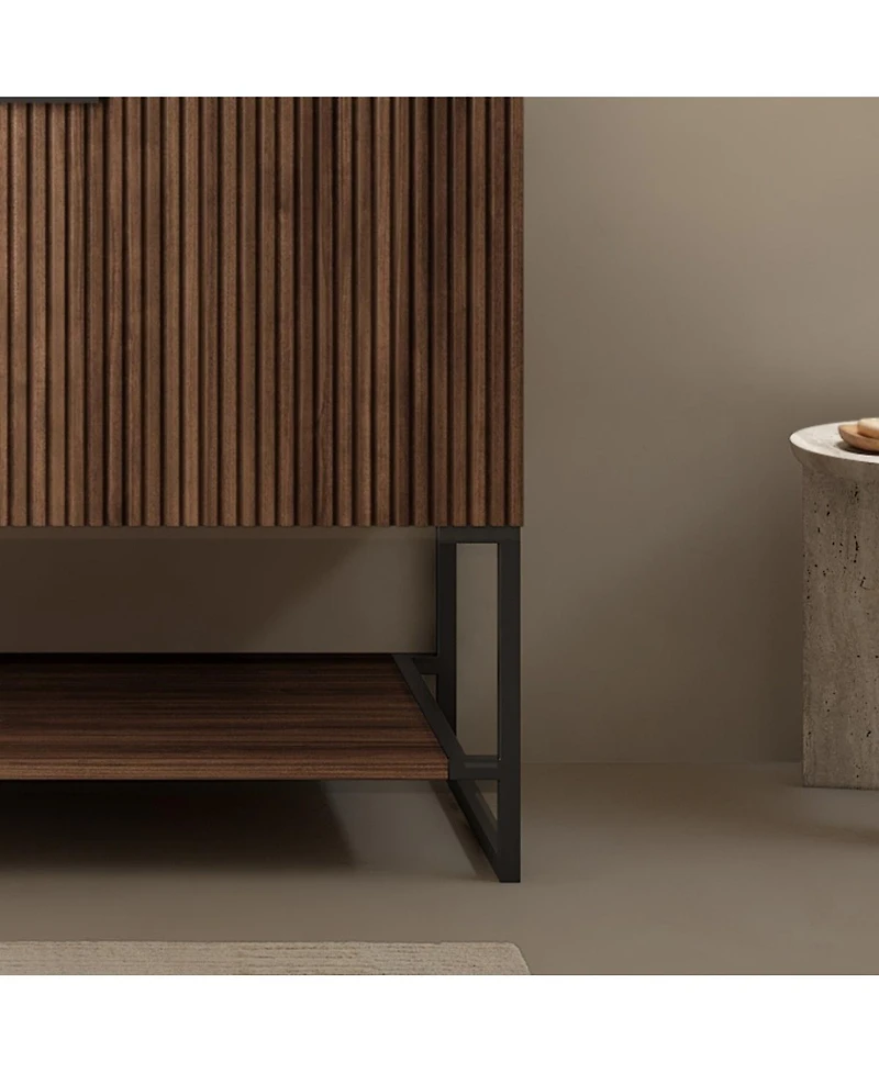 Thirtypeachy 36" Retro Deep Walnut Plywood Freestanding Bathroom Vanity Cabinet, No Basin, 1 Full-Extension Drawer And Open Towel Shelf