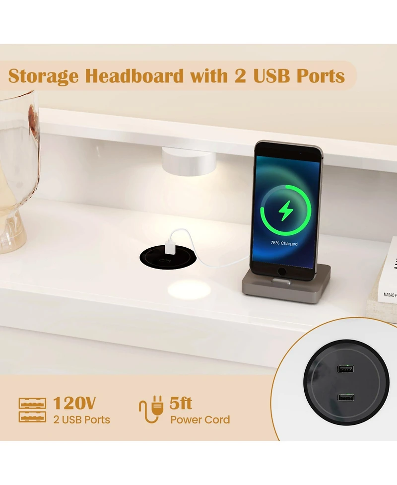 Sugift Bed Frame with Storage Headboard Usb Ports and Led Lights