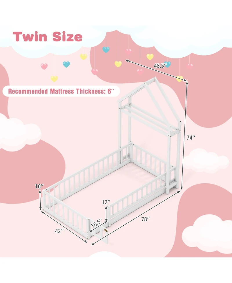 Sugift Twin House Floor Bed with House Shaped Headboard