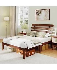 Sugift Solid Wood Platform Bed with Retro Style Headboard