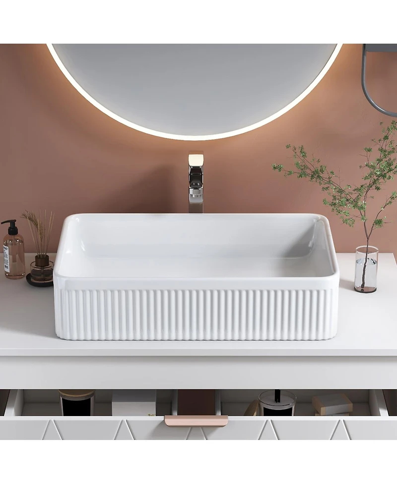 Sillysis 20.1" White Rectangular Ceramic Vessel Sink, Modern Drop-In Bathroom Basin with Vertical Stripe, Contemporary Style