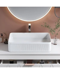 Sillysis 20.1" White Rectangular Ceramic Vessel Sink, Modern Drop-In Bathroom Basin with Vertical Stripe, Contemporary Style