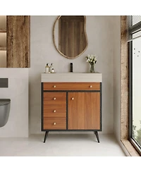 Sillysis 29.9" Freestanding Bathroom Vanity with Stone Gray Sintered Top, Ceramic Sink, Soft Close Drawers & Storage Cabinet
