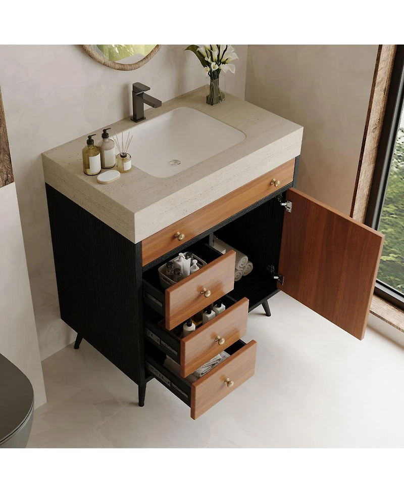 Sillysis 29.9" Freestanding Bathroom Vanity with Stone Gray Sintered Top, Ceramic Sink, Soft Close Drawers & Storage Cabinet
