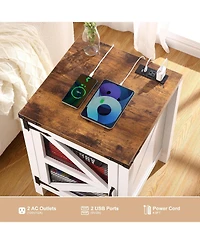 gaomon Farmhouse Nightstand with Charging Station, 18" Bedside End Table with Barn Mesh Door and Adjustable Shelf, Rustic Sofa Side Table for Bed