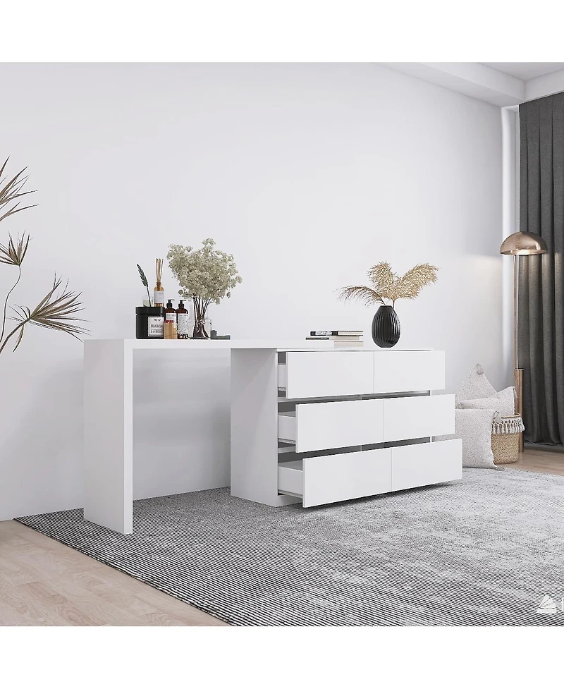 flynama Extended Desktop 6 Drawers Chest White Vanity Dresser with Adjustable Desk Top Handle Free Design