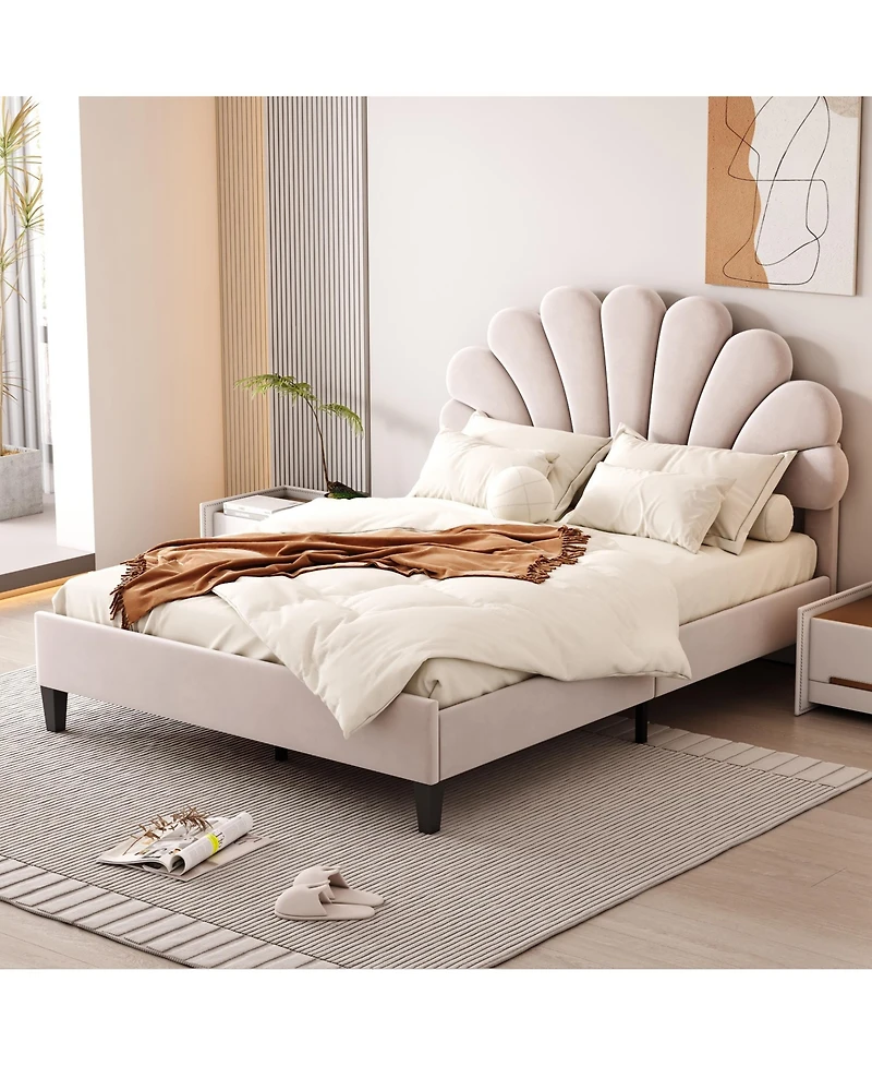 flynama Upholstered Platform Bed Flower Pattern Velvet Headboard No Box Spring Needed
